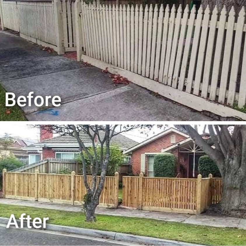 Before and after Hamptons style front fence by Mordy Fencing