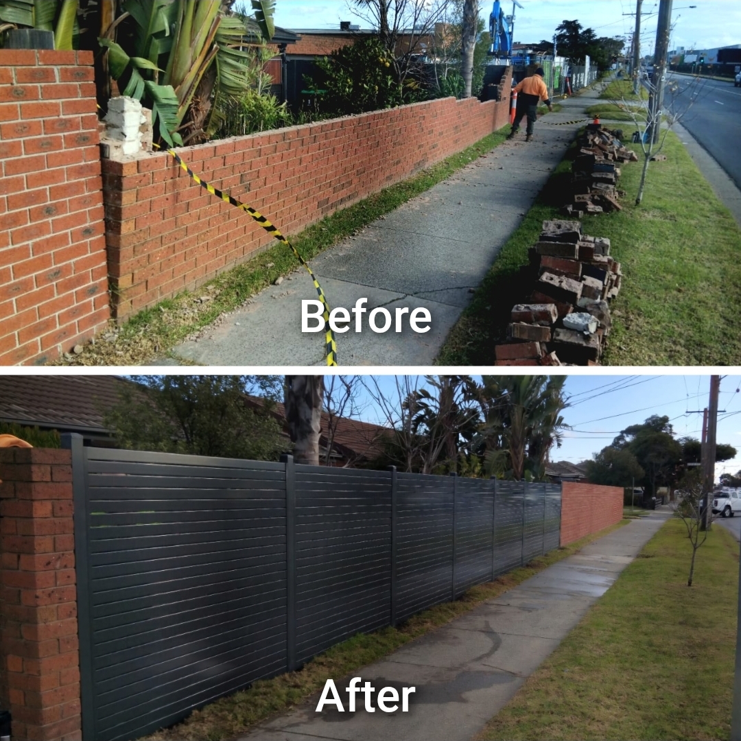 Before and after horizontal aluminium slat fence replacement by Mordy Fencing