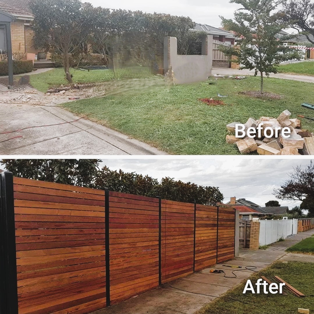 Before and after Merbau front fence project by Mordy Fencing